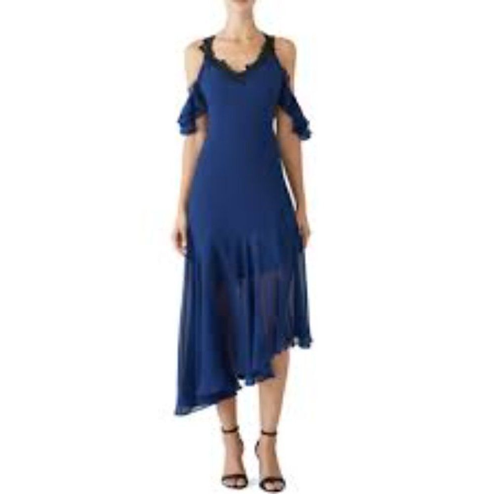 UnitedWood Larissa Blue Asymmetrical Dresses w/Black Lace. Size 14. EUC!